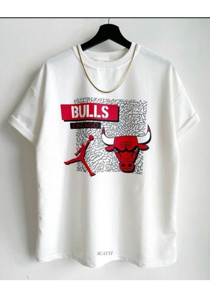 Erkek Beyaz Kırmızı Baskılı Bulls Oversize Bisiklet Yaka T-Shirt