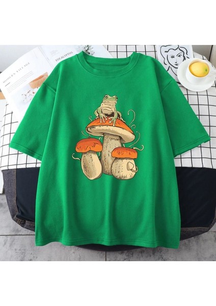 Blacksokak Erkek Yeşil Mantar Baskılı Oversize Bisiklet Yaka Tshirt