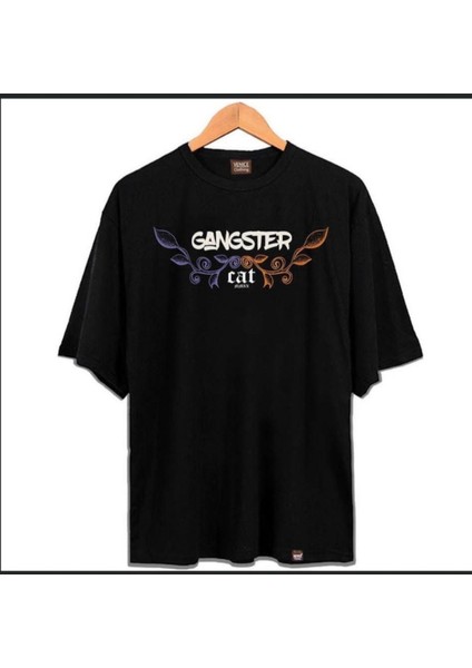 Blacksokak Erkek Siyah Gangster Cat Baskılı Oversize Bisiklet Yaka Tshirt