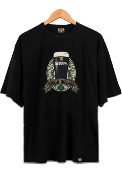 Blacksokak Erkek Siyah Guıness Baskılı Oversize Bisiklet Yaka Tshirt