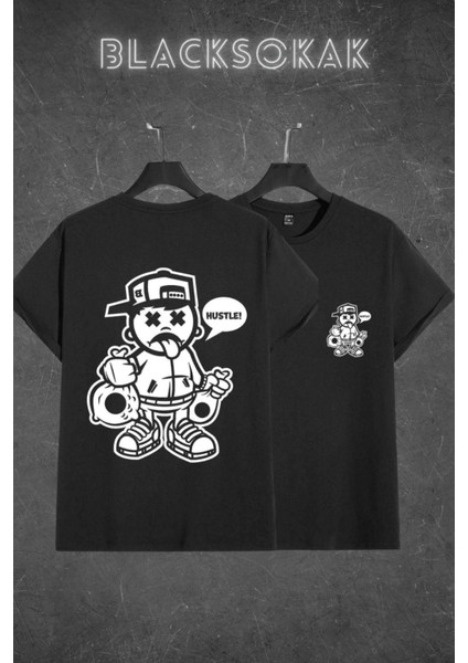 Erkek Siyah Hustle Baskılı Oversize Bisiklet Yaka Tshirt