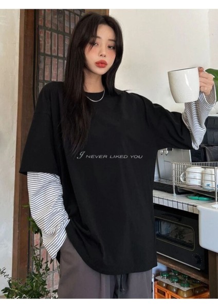 Kadın Siyah I Never Liked You Baskılı Oversize Bisiklet Yaka Tshirt