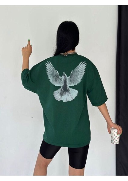 Kadın Yeşil Kuş Oversize Bisiklet Yaka Tshirt