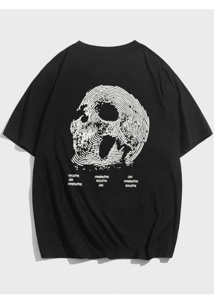 Blacksokak Erkek Siyah Skull Baskılı Oversize Bisiklet Yaka Tshirt
