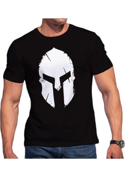 Kadın Siyah Sparthan Baskılı Oversize Bisiklet Yaka Tshirt