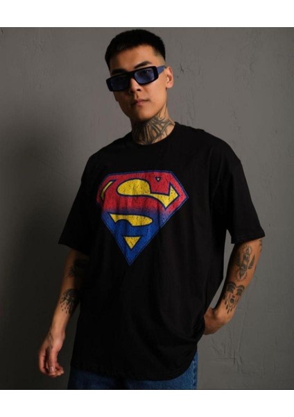Erkek Siyah Süperman Oversize Bisiklet Yaka Tshirt