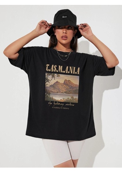 Blacksokak Kadın Siyah Tasmanıa Baskılı Oversize Bisiklet Yaka Tshirt