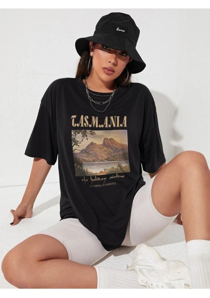 Blacksokak Kadın Siyah Tasmanıa Baskılı Oversize Bisiklet Yaka Tshirt modelleri