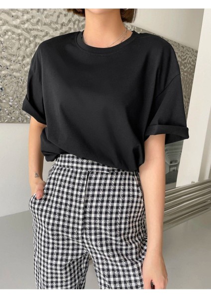 Blacksokak Kadın Siyah Oversize Bisiklet Yaka Tshirt