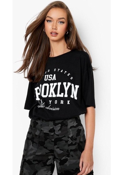 Blacksokak Kadın Siyah Usa Brooklyn Göğüs Baskılı Oversize Bisiklet Yaka T-Shirt fiyatları