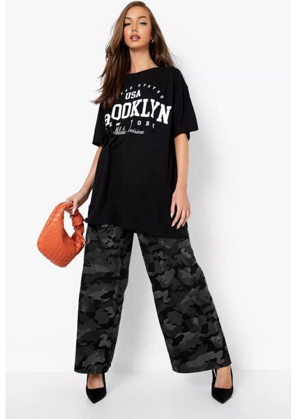 Blacksokak Kadın Siyah Usa Brooklyn Göğüs Baskılı Oversize Bisiklet Yaka T-Shirt fırsatları