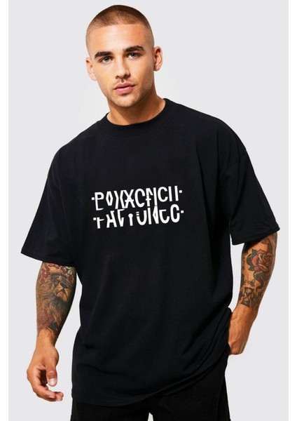 Blacksokak Erkek Siyah Pavyoncu Katlamalı Baskılı Oversize T-Shirt