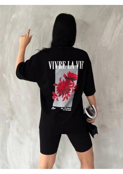 Unisex Siyah Vivre La Vie Baskılı Oversize Bisiklet Yaka Penye Tişört
