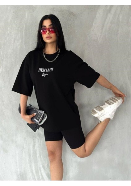 Unisex Siyah Vivre La Vie Baskılı Oversize Bisiklet Yaka Penye Tişört fiyatları