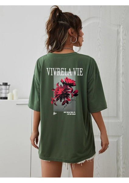 Unisex Yeşil Vivre La Vie Baskılı Oversize Bisiklet Yaka Penye Tişört