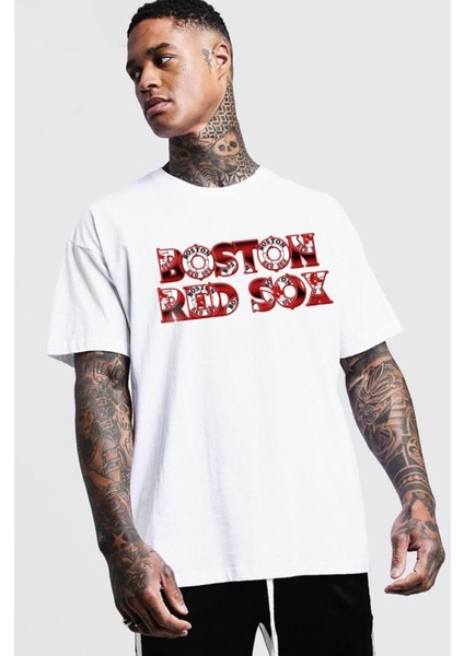 Erkek Beyaz Boston Red Sox Baskılı Oversize Tshirt