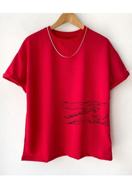 Erkek Kırmızı Timsah Baskılı Oversize Bisiklet Yaka Kısa Kollu Pamuklu Tişört