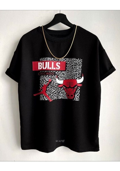 Erkek Siyah Kırmızı Baskılı Bulls Oversize Bisiklet Yaka T-Shirt