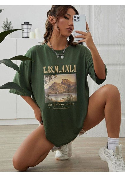 Blacksokak Kadın Haki Tasmanıa Baskılı Oversize Bisiklet Yaka Tshirt