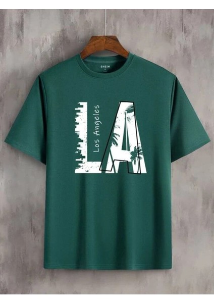 Blacksokak Erkek Yeşil La Baskılı Oversize Bisiklet Yaka Tshirt