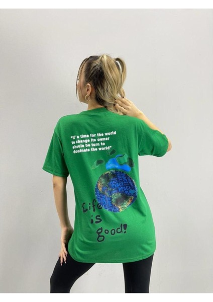 Blacksokak Kadın Yeşil Life Is Good Baskılı Oversize Bisiklet Yaka Tshirt