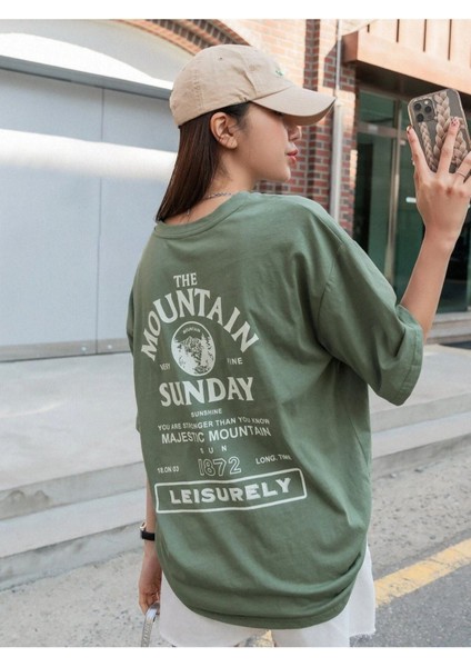 Radjeanss Kadın Yeşil Mountaın Oversize Bisiklet Yaka Tshirt