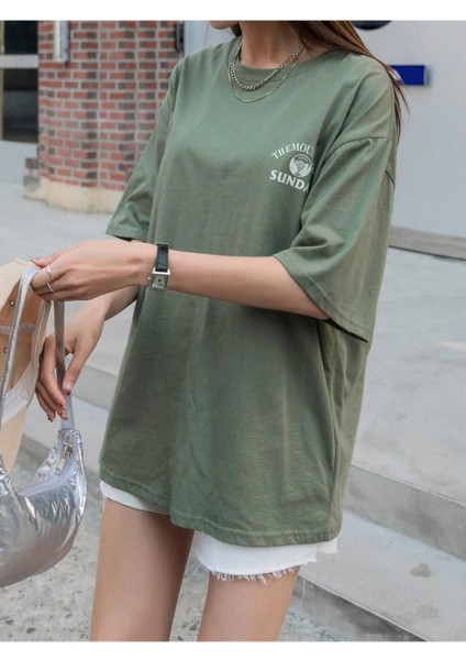 Radjeanss Kadın Yeşil Mountaın Oversize Bisiklet Yaka Tshirt fiyatları