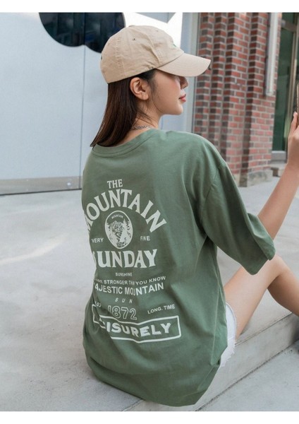 Radjeanss Kadın Yeşil Mountaın Oversize Bisiklet Yaka Tshirt modelleri