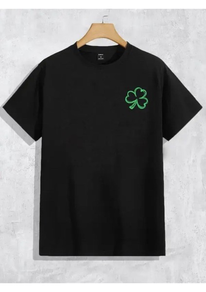 Unisex Siyah Yonca Baskılı Oversize Bisiklet Yaka Kısa Kollu Pamuklu T-Shirt