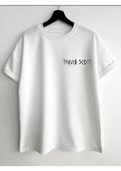 Unisex Beyaz Ön Travıs Scott Baskılı Oversize Bisiklet Yaka Tshirt