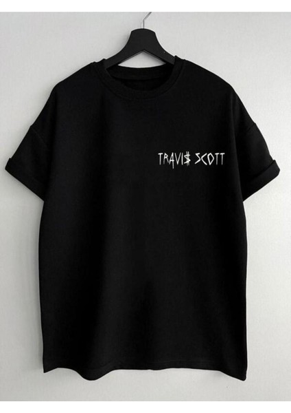 Unisex Siyah Ön Travıs Scott Baskılı Oversize Bisiklet Yaka Tshirt