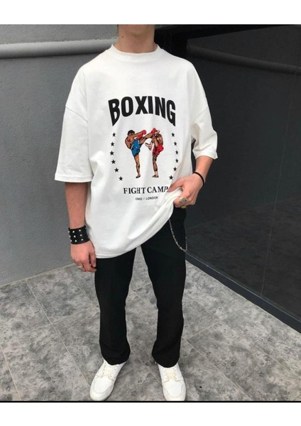 Erkek Beyaz Boxing Baskılı Oversize Bisiklet Yaka Penye Tişört fiyatları