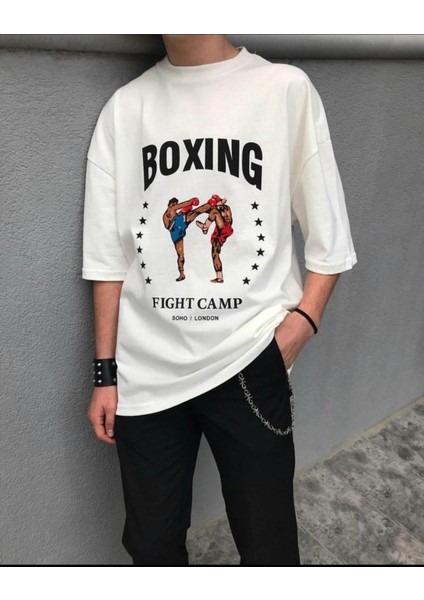 Erkek Beyaz Boxing Baskılı Oversize Bisiklet Yaka Penye Tişört modelleri