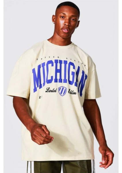Erkek Bej Michigan Limited Baskılı Oversize Tshirt