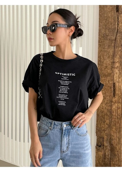 Blacksokak Kadın Siyah Optımıstıc Baskılı Oversize Bisiklet Yaka Tshirt