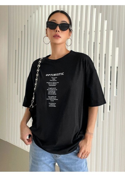 Blacksokak Kadın Siyah Optımıstıc Baskılı Oversize Bisiklet Yaka Tshirt