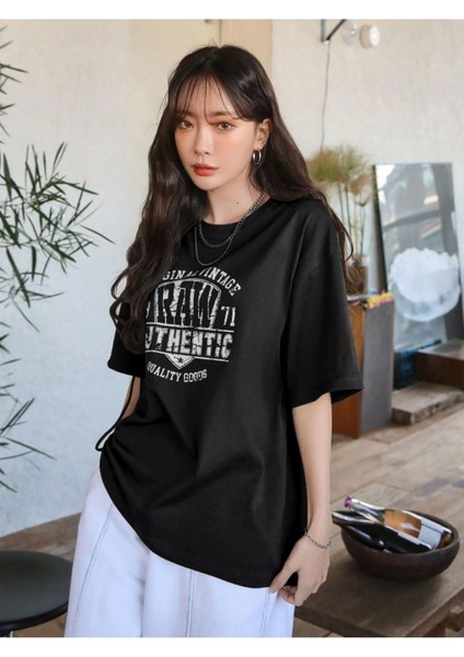 Kadın Siyah Original Vintage Raw Baskılı Oversize Bisiklet Yaka Tshirt fırsatları
