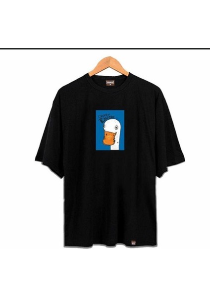 Blacksokak Erkek Siyah Ördek Baskılı Oversize Bisiklet Yaka Tshirt