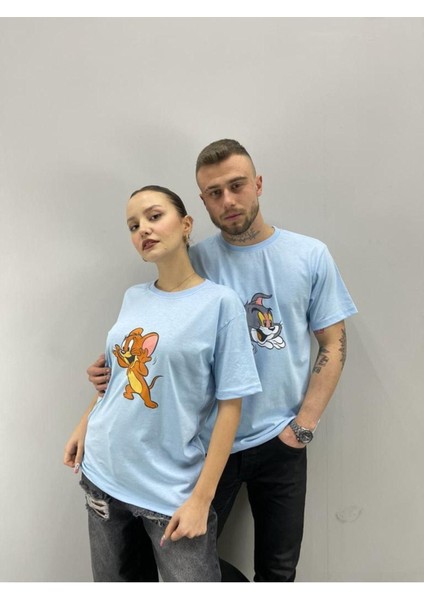 Blacksokak Unisex Tshirt Bebe Mavi Tom ve Jerry Baskılı Sevgili Çift Kombini 2 'li Set
