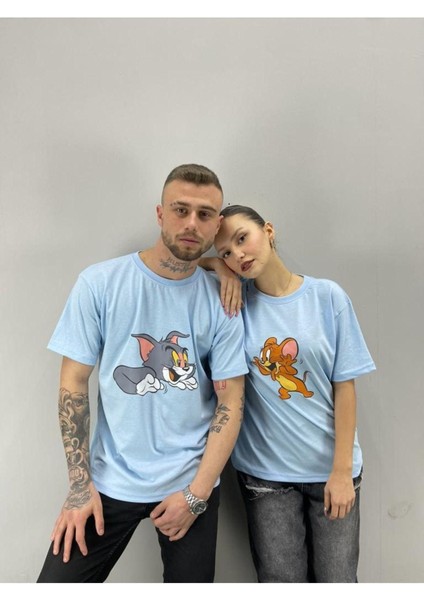 Blacksokak Unisex Tshirt Bebe Mavi Tom ve Jerry Baskılı Sevgili Çift Kombini 2 'li Set fiyatları