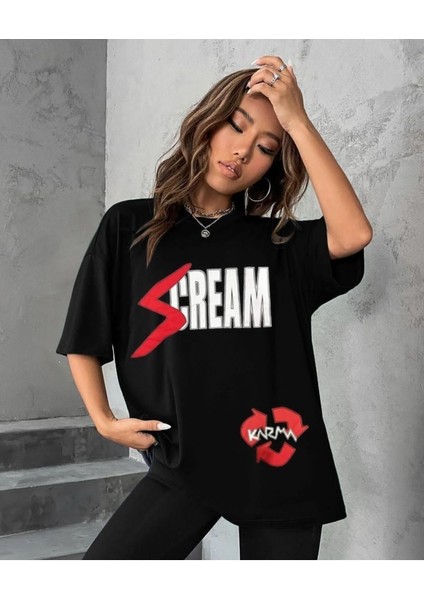 Blacksokak Kadın Siyah Cream Baskılı Bisiklet Yaka Tshirt