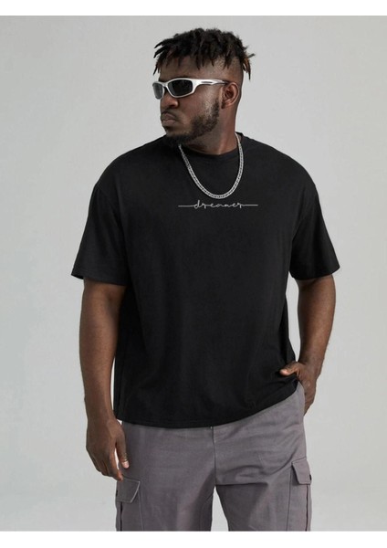 Blacksokak Erkek Siyah Dreamer Baskılı Oversize Bisiklet Yaka Tshirt