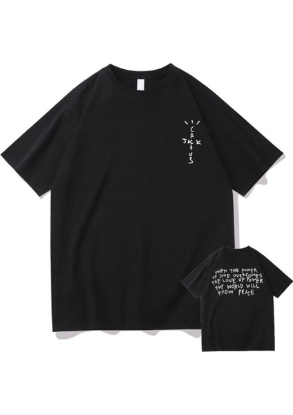 Blacksokak Erkek Siyah Cactus Jack Baskılı Oversize Bisiklet Yaka Tshirt