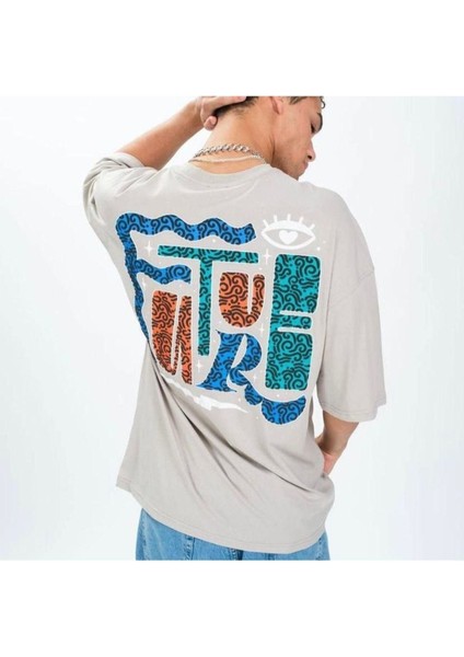 Blacksokak Erkek Taş Future Baskılı Oversize Bisiklet Yaka Tshirt