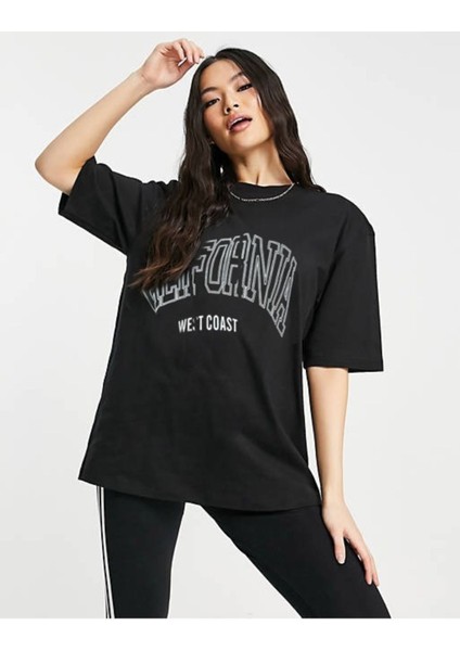 Kadın Siyah California Baskılı Tshirt
