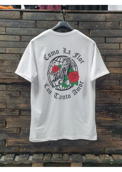 Unisex Beyaz Como La Flor Con Canto Amor Sırt Baskılı Ön Gögüs Baskı Tshirt