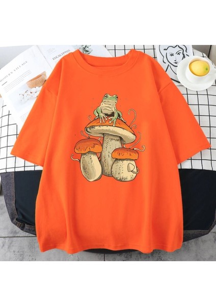 Blacksokak Erkek Turuncu Mantar Baskılı Oversize Bisiklet Yaka Tshirt