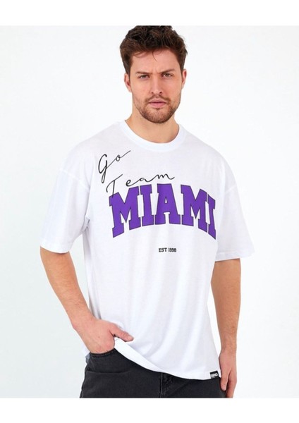 Erkek Beyaz Go Team Mıamı Baskılı Tshirt
