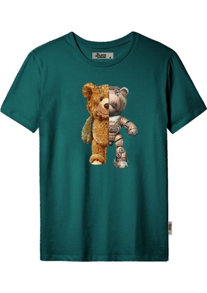 Unisex Petrol Mavisi Robot Ayı Baskılı Tshirt