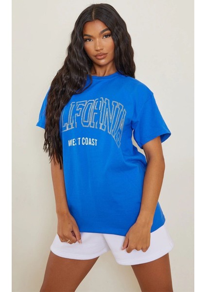 Kadın Mavi California Baskılı Tshirt